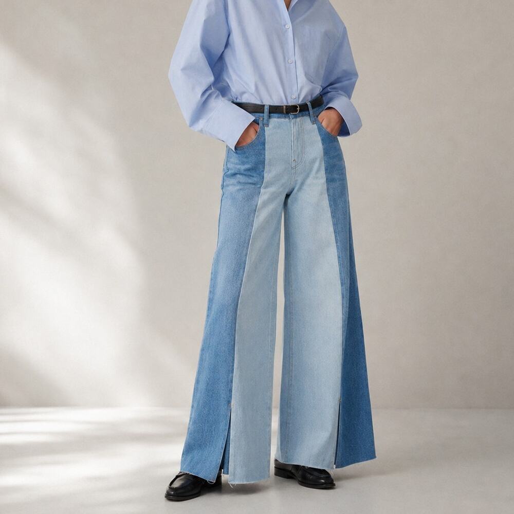 Frame Paneled Two-Tone Split-Hem Patchwork High-rise Wide-Leg Jeans Womens 27